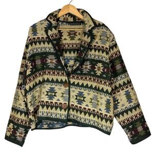 Vintage Fair Isle Print Tapestry Jacket Womens XL Cotton Beige Grannycore Folksy